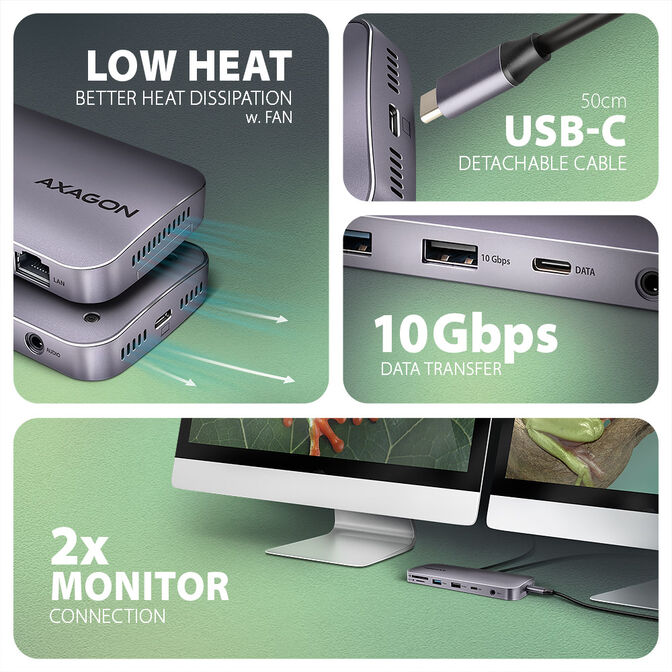 Multiport-Hub AXAGON HMC-12GM2 USB-C 3.2 Gen 2 hub w. M.2 SATA/NVMe + HDMI + DP + 3x USB-A + USB-C + RJ-45 + SD/mSD + audio + PD 100W image number 2