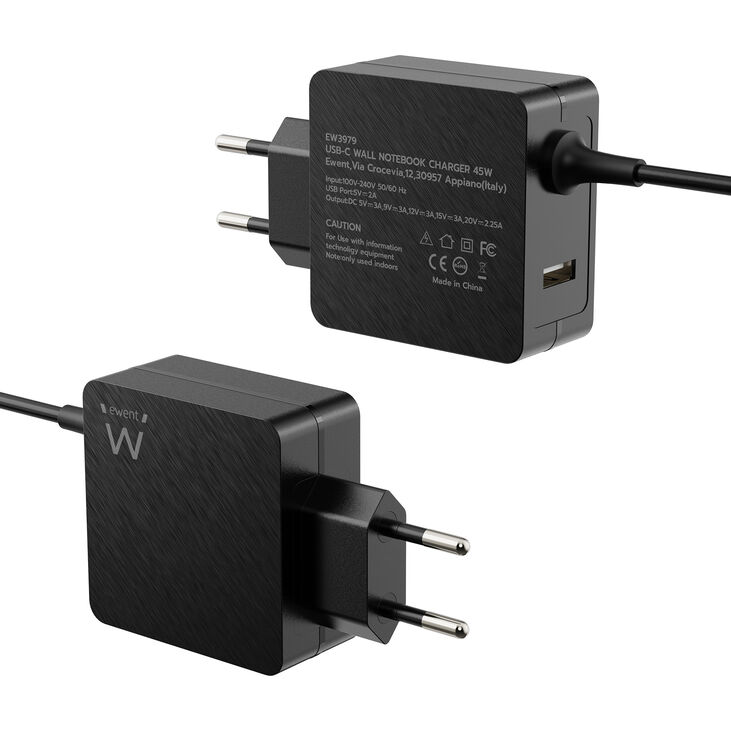 Cargador de Portátil Ewent USB-C + 1-Puerta USB-A PD 45W Negro image number 1