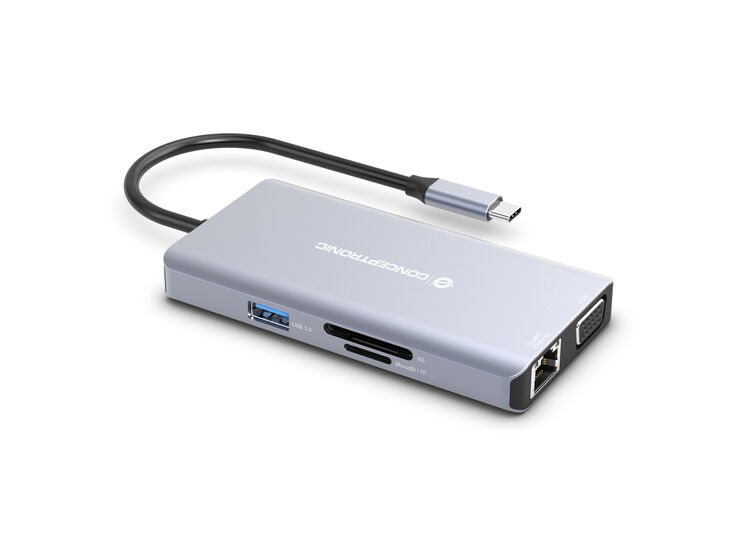 HUB USB Conceptronic 10-in-1 USB-C 3.2 > 3x USB-A 3.0 + HDMI + VGA + Gigabit + USB-C (PD100W) + Lt.Tarjetas + Áudio image number 3