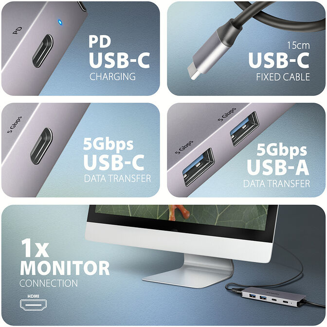 HUB USB-C AXAGON HMC-5H60 USB-C 3.2 Gen 1 hub, 2x USB-A, 1x USB-C, 4K 60Hz HDMI, PD 100W image number 2