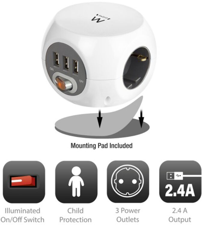 Regleta C&uacute;bica Ewent 3 Tomas + 3 Portas USB 2.4A c/ Cable 1.5 M Blanco image number 1