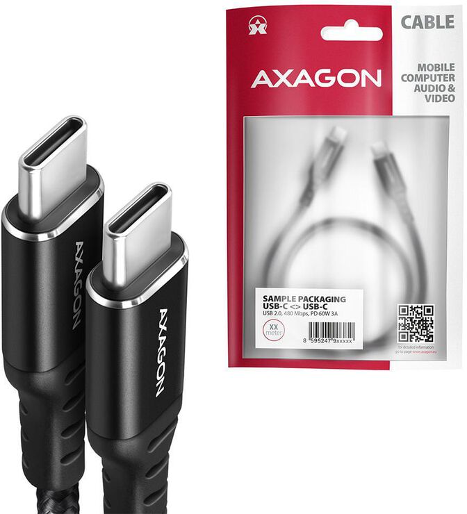 Cable de cargamento AXAGON BUCM-CM20AB cable USB-C  <-> USB-C 2.0, 2m, PD 60W, 3A, ALU, braid, Negro image number 5