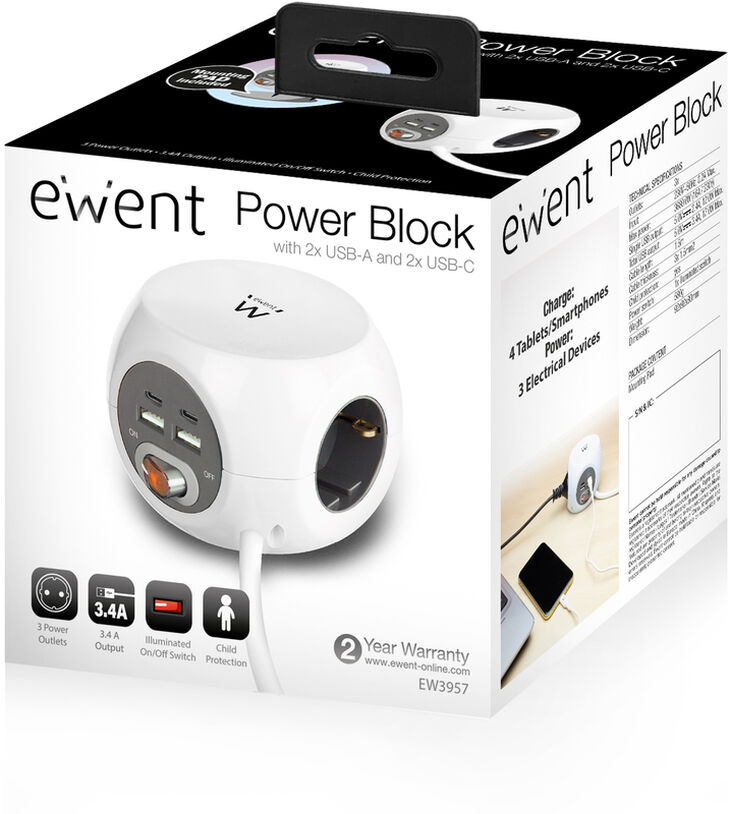 Regleta C&uacute;bica Ewent 3 Tomas c/Shuko + 2 USB-A + 2 USB-C 3.4A 1.5 M Blanco image number 4