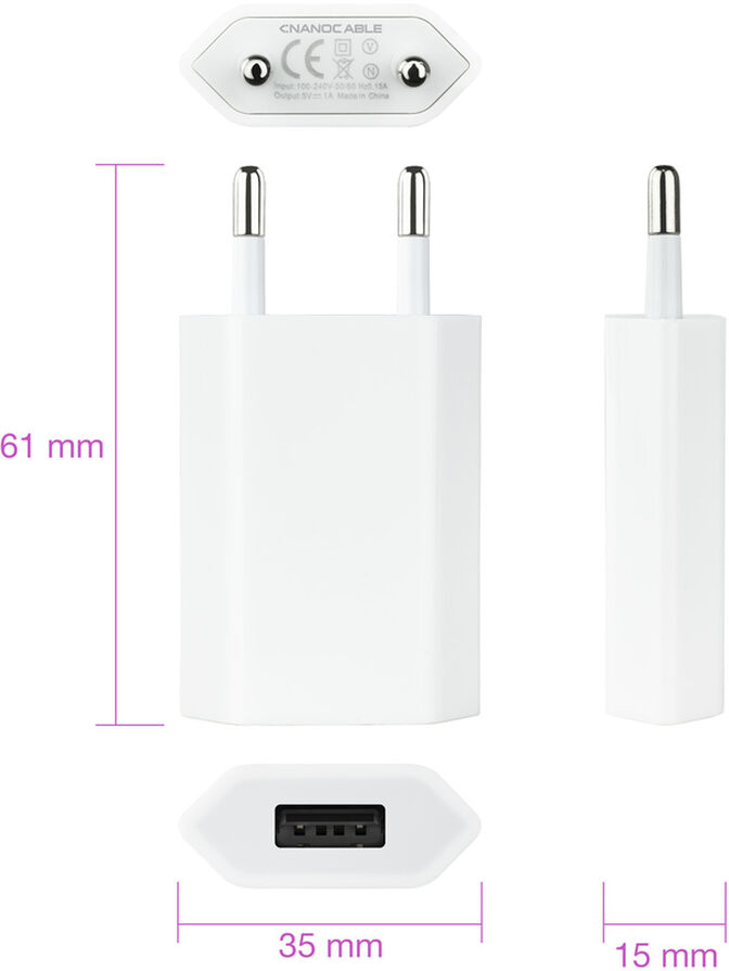 Mini Cargador NanoCable USB 5V/1A Blanco image number 2