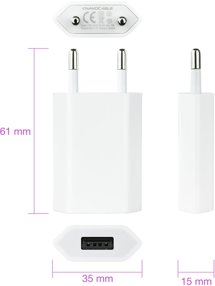 Mini Cargador NanoCable USB 5V/1A Blanco image number 2