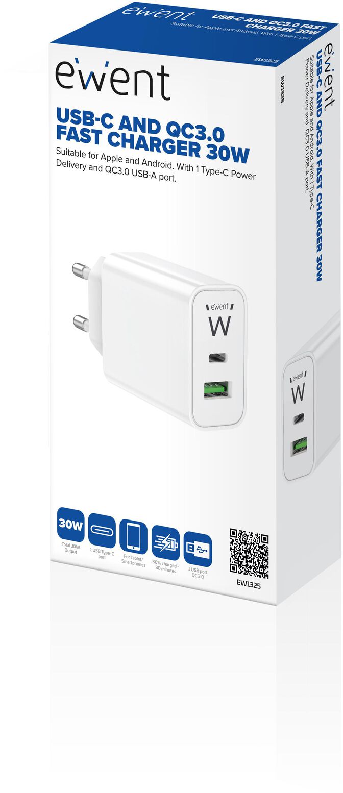 Cargador Ewent USB-C/USB-A 30W QC 3.0 Blanco image number 2