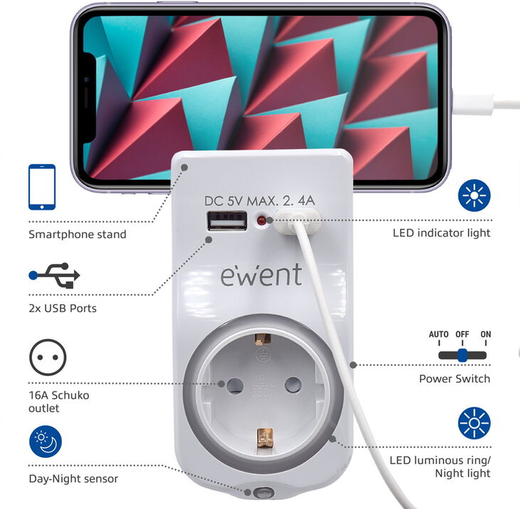 Cargador de Tomas Ewent USB 4 em 1 2.4A (12W) c/Shuko image number 1