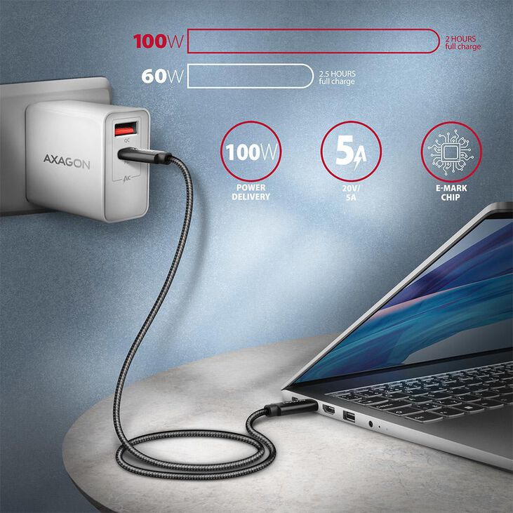 Cable de cargamento AXAGON BUCM432-CM10AB USB-C <-> USB-C, USB4 Gen 3×2, 1m, PD 100W, 8K HD, ALU, braid, Negro image number 3
