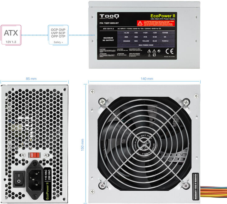 Fuente Alimentación Tooq Ecopower II ATX 500W (S/Cable Alim) image number 3