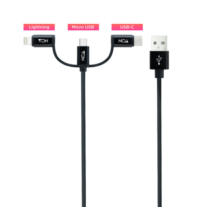 Cable USB 3 em 1 Nanocable USB-A para 1x USB-C + 1x Micro-USB + 1x Lightning 1 M Negro image number 1