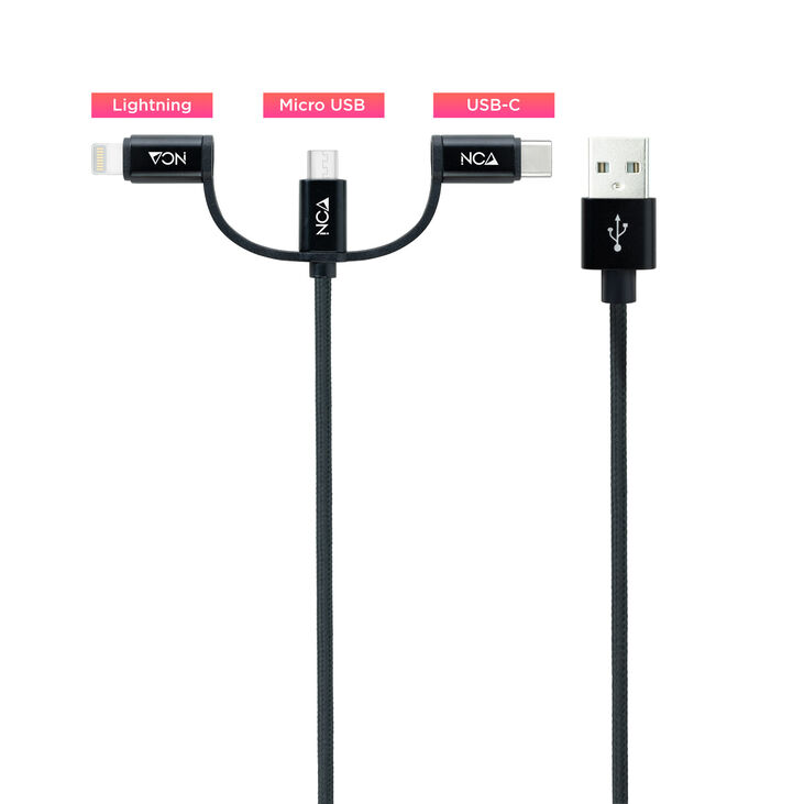 Cable USB 3 em 1 Nanocable USB-A para 1x USB-C + 1x Micro-USB + 1x Lightning 1 M Negro image number 1