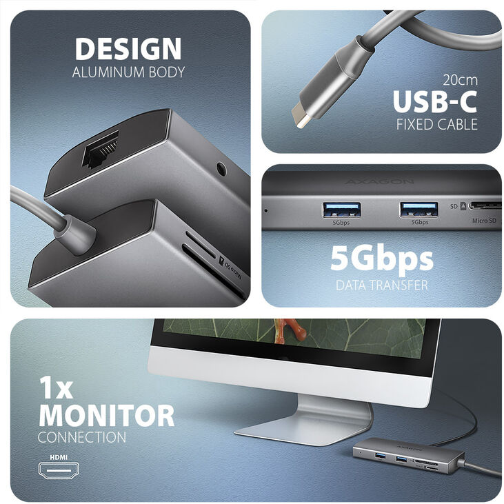 HUB USB-C AXAGON HMC-8HLSA USB-C 3.2 Gen 1 hub, 3x USB-A + 4K/30Hz HDMI + SD/microSD, GLAN, Audio, PD 100W image number 2