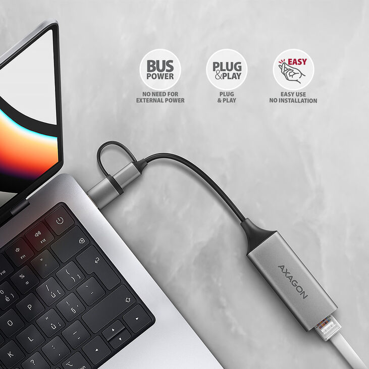 Adaptador AXAGON ADE-TXCA Gigabit Ethernet 10/100/1000 - USB 3.1 Tipo C + USB-A image number 2
