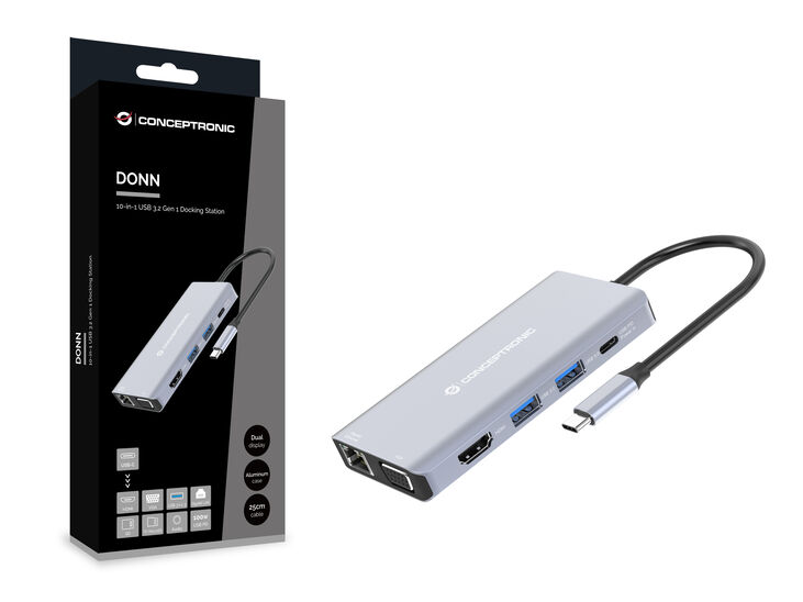 HUB USB Conceptronic 10-in-1 USB-C 3.2 > 3x USB-A 3.0 + HDMI + VGA + Gigabit + USB-C (PD100W) + Lt.Tarjetas + Áudio image number 1