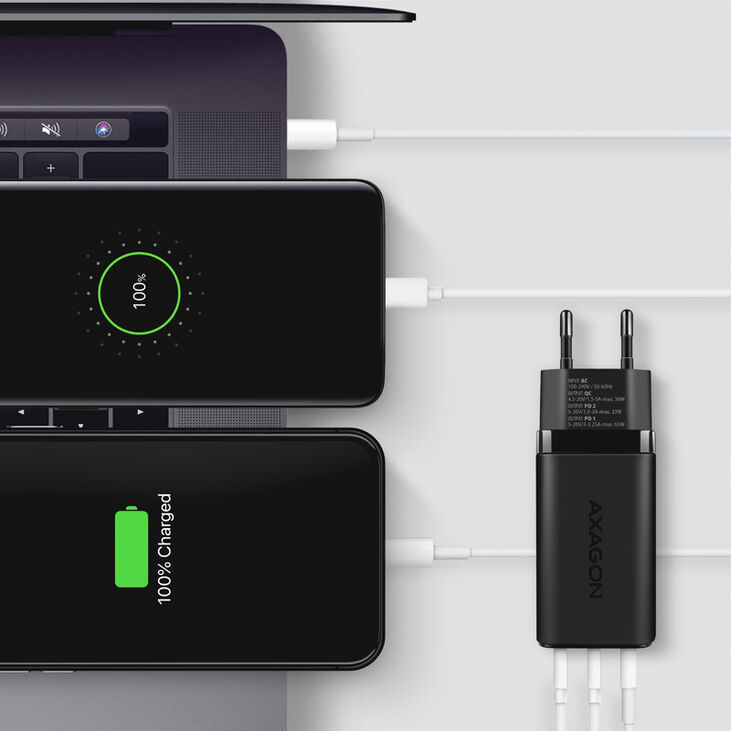 AXAGON ACU-DPQ65 Cargador de Pared, 3 puertas (USB + Dual USB-C), PD3.0/QC4+/PPS/Apple, 65 W, Negro image number 1