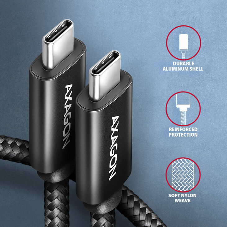 Cable de Carga AXAGON BUCM2-CM20AB USB-C <-> USB-C 2.0, 2m, PD 240W 5A, ALU, braid image number 3