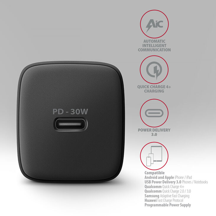 Cargador de pared AXAGON ACU-PD30, 1 puerta (USB-C), PD3.0/PPS/QC4+/SFC/AFC/Apple, 30 W, Negro image number 2