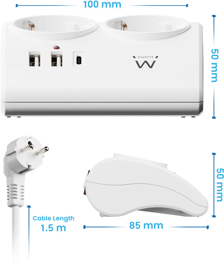 Tomada Ewent EW3870 Desktop Power Strip 2 Tomadas Schuko 16A + 2 USB-A + 1USB-C 1.5m Branca image number 1