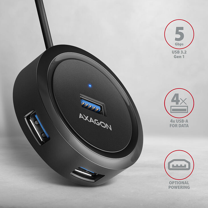HUB USB-C AXAGON HUE-P1C 4x USB 3.2 Gen 1 ROUND, micro USB power IN image number 1