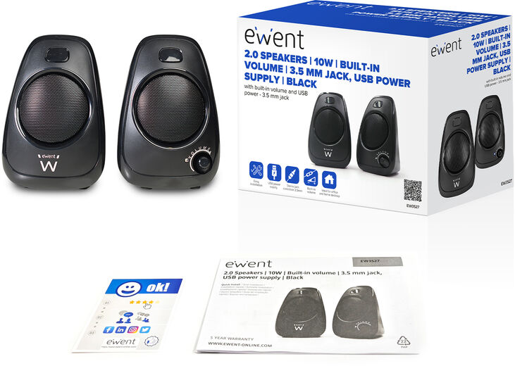 Colunas 2.0, 10W, Built-in volume, 3.5 mm jack, Alimentacion USB, Preta image number 1
