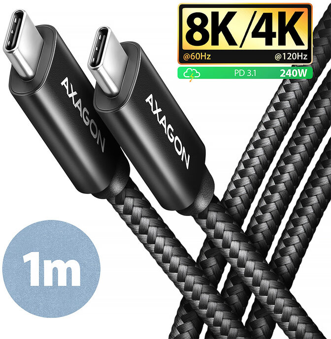 Cable de cargamento AXAGON BUCM4X-CM10AB USB-C <-> USB-C, USB4 Gen 3&times;2, 1m, PD 240W, 8K HD, ALU, braid, Negro image number 0