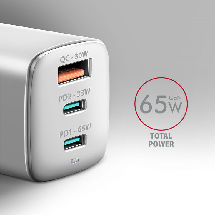 Cargador de pared AXAGON ACU-DPQ65, 3 puertas (USB + USB-C duplo), PD3.0/QC4+/PPS/Apple, 65 W, Blanco image number 1