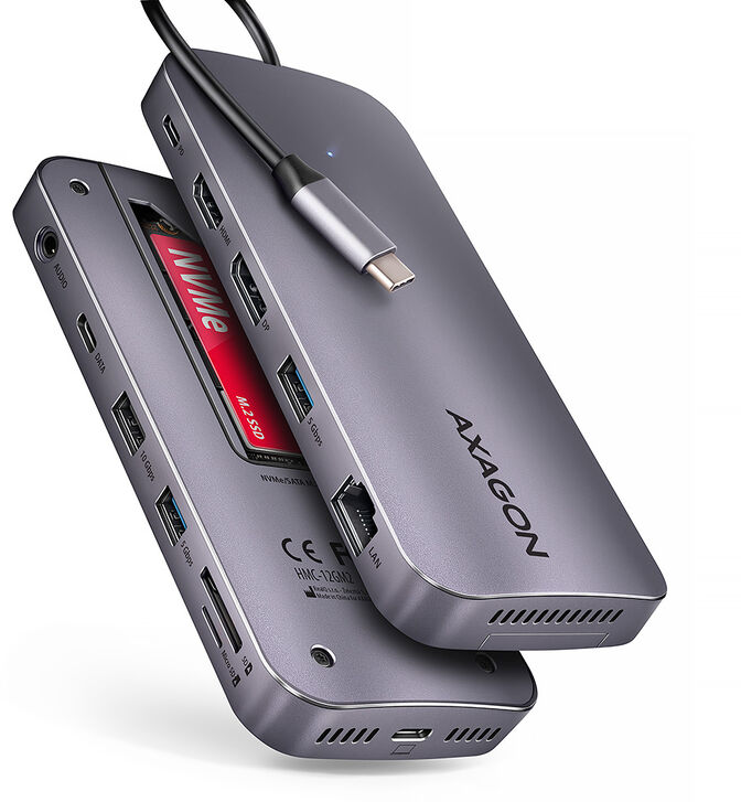 Multiport-Hub AXAGON HMC-12GM2 USB-C 3.2 Gen 2 hub w. M.2 SATA/NVMe + HDMI + DP + 3x USB-A + USB-C + RJ-45 + SD/mSD + audio + PD 100W image number 0