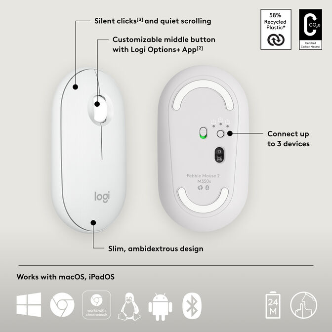 Rat&oacute;n Logitech Pebble 2 M350s Bluetooth Blanco image number 6