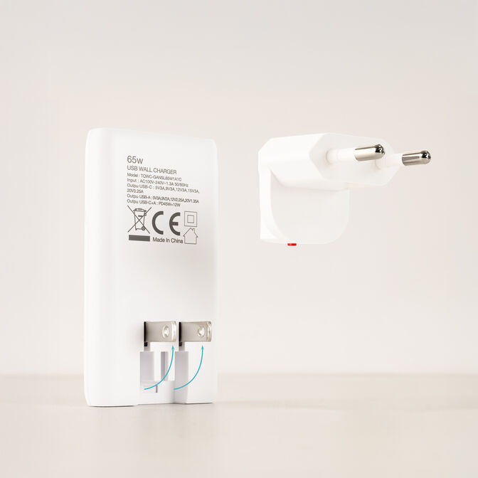 Cargador Tooq GaN USB-C/PD+USB-A/QC 65W, Blanco image number 3