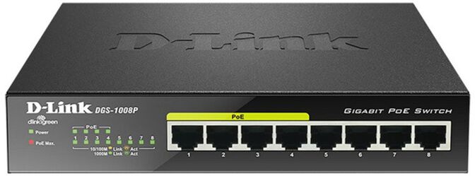 D-Link DGS-1008P/E switch No administrado L2 Gigabit Ethernet (10/100/1000) Energ&iacute;a sobre Ethernet (PoE) Escritorio Negro image number 0