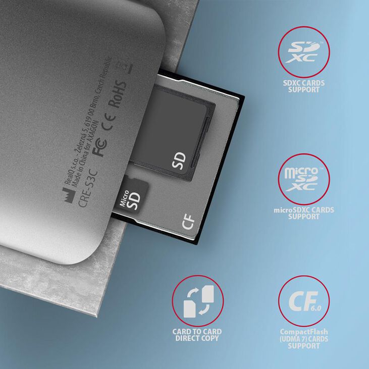 Lector de tarjetas AXAGON CRE-S3C External card reader USB-C 3.2 Gen 1, 3-slot & lun SD/microSD/CF, UHS-II image number 3