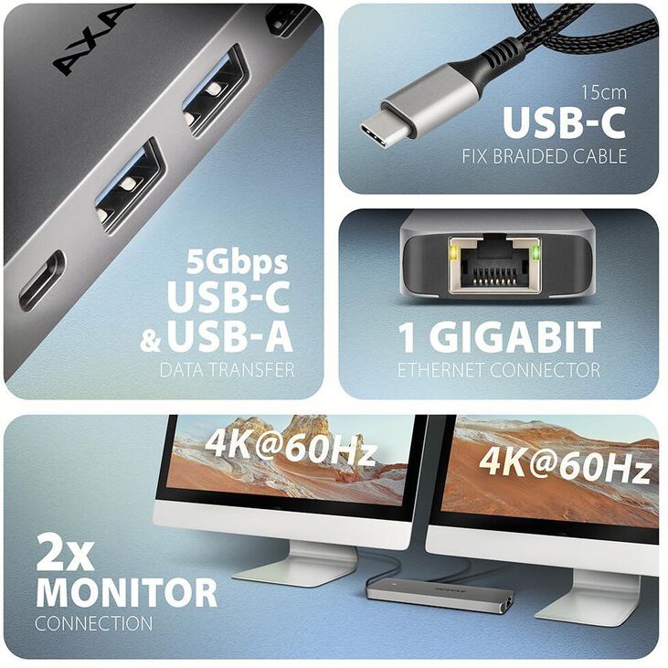 Multiport-Hub AXAGON HMC-7HX2 USB-C 3.2 Gen 1 hub, 2x USB-A + 1x USB-C, 2x HDMI 4K 60Hz, GLAN, PD 100W, 15cm USB-C cable image number 4