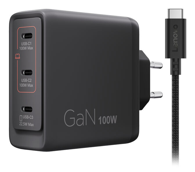Caregador Lenovo de Parede Multi Portas USB-C 100W Dual GaN + Cabo USB-C 1.8m image number 1