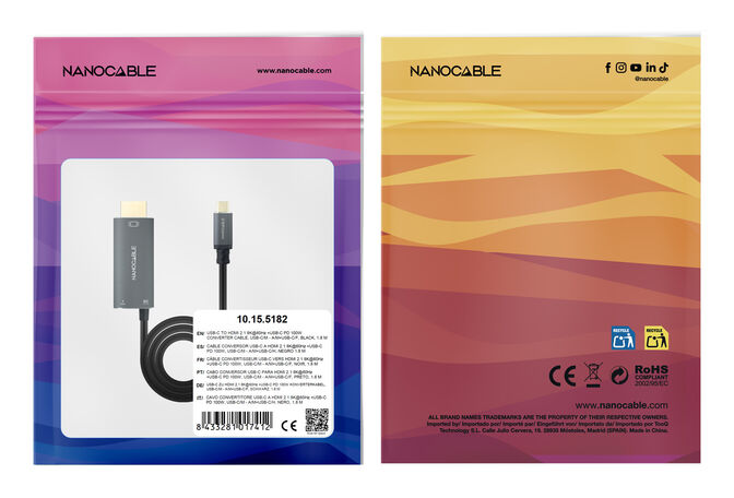 Cable Conversor Nanocable USB-C > HDMI 2.1 8K@60HZ USB-C PD 100W 1.8 M Negro image number 2