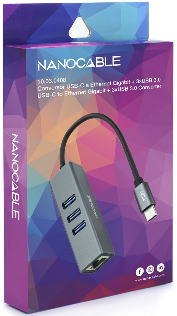 Adaptador Gigabit NanoCable USB-C a Ethernet Gigabit 10/100/1000 Mbps / 3x USB 3.0 15 CM Gris image number 3