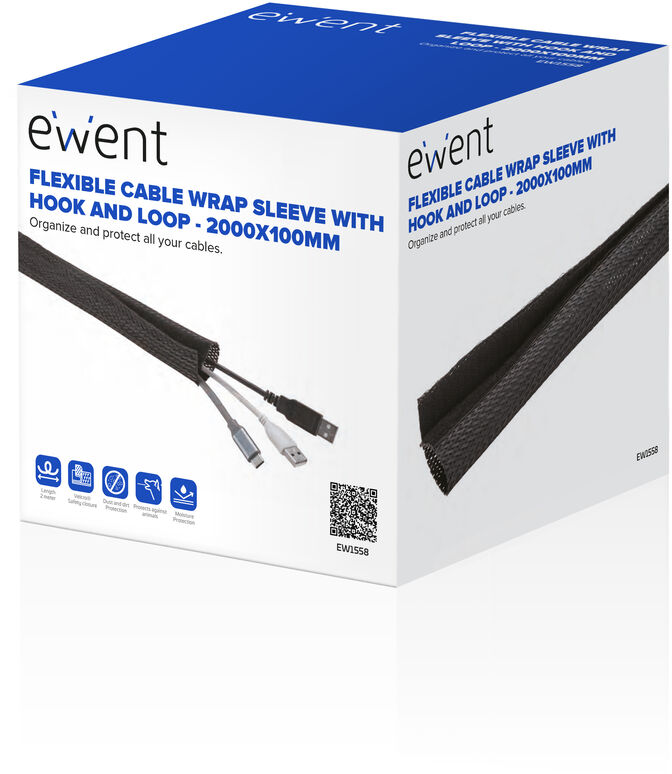 Manga Flexible Ewent EW1558 p/ Organizar Cables com Fecho 2000x100mm Preta image number 1