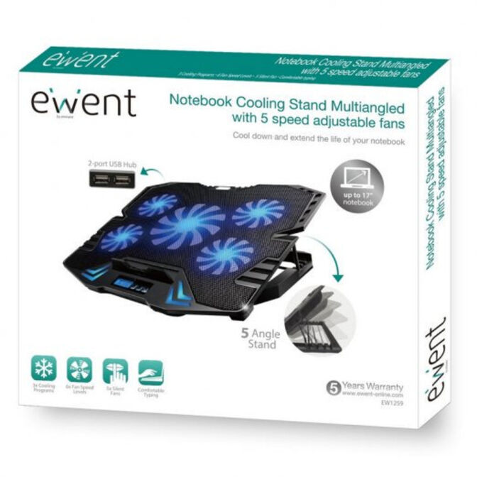 Refrigeradora para Port&aacute;tiles Ewent con 5 Ventiladores Silenciosas at&eacute; 17'' + 2 USB image number 3