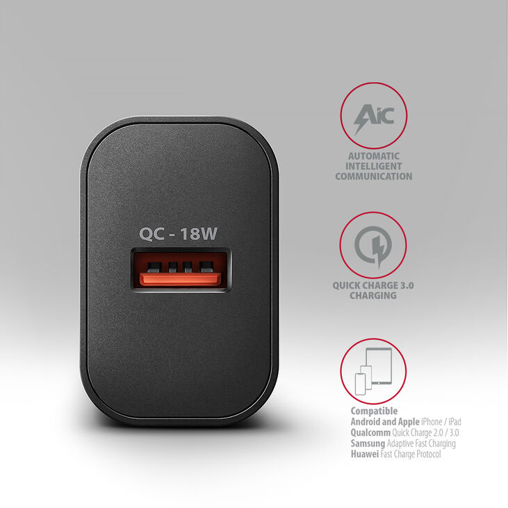 Cargador de pared AXAGON ACU-QC18, 1 puerta (USB-A), QC3.0/AFC/Apple, 18 W, Negro image number 2