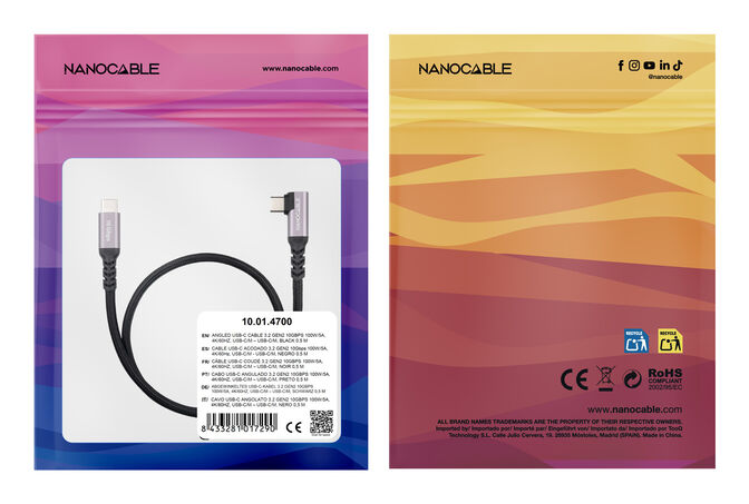 Cable Acodado USB 3.2 Gen2x2 Nanocable 100W/5A 4K/60Hz USB-C M/M 2 M image number 2