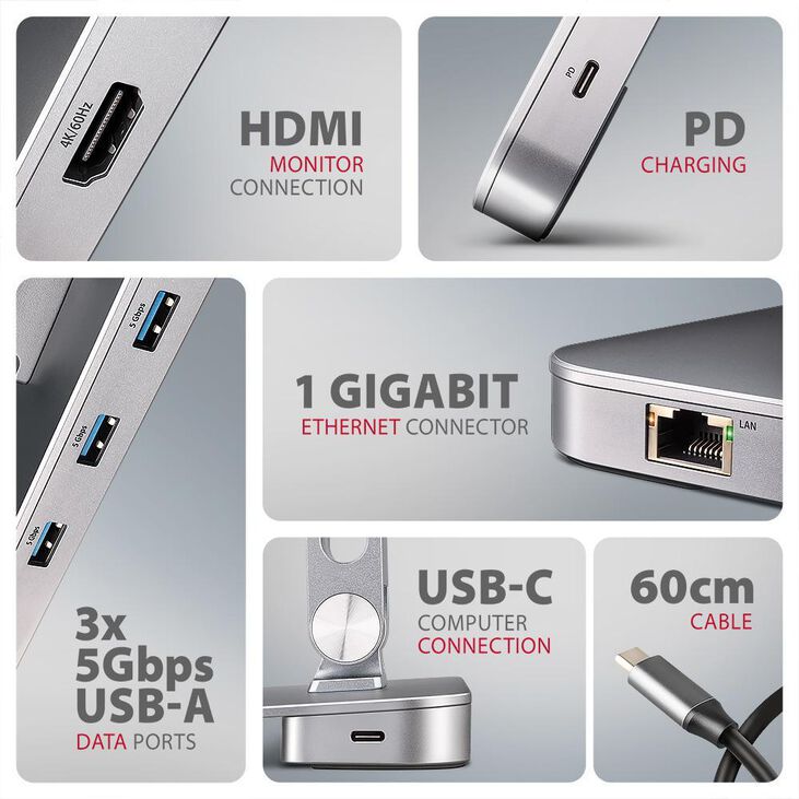 Soporte para portáteis 10" - 16" AXAGON HMC-STND c/ HUB 5Gbps, 3x USB-A, HDMI 4K/60Hz, GLAN, PD 100W, USB-C input image number 5