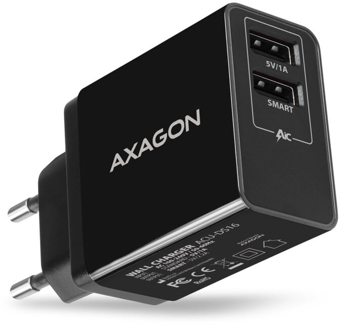 Cargador de pared AXAGON ACU-DS16  2x 5V-2.2A + 1A 16W, Negro image number 0