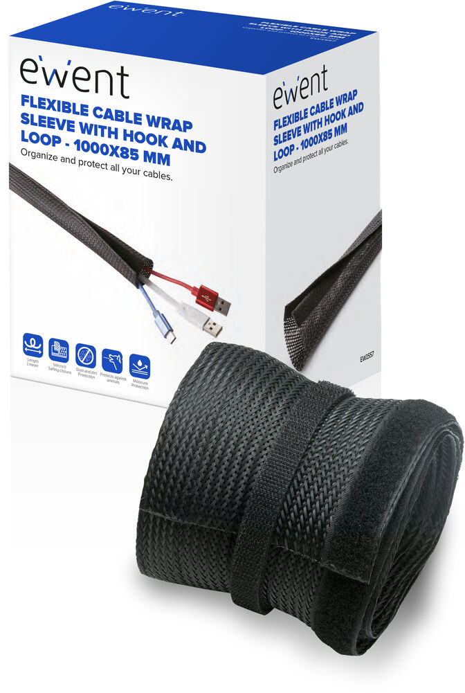 Manga Flexible Ewent EW1557 p/ Organizar Cables com Fecho 1000x85mm Preta image number 0