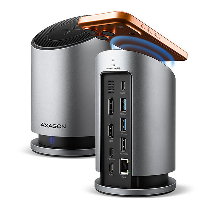 HUB AXAGON HMC-WL9 USB 10Gbps, Qi wireless charging, 3&times;USB-A, USB-C, HDMI & DisplayPort 4K/60Hz, RJ-45, PD 100W image number 0