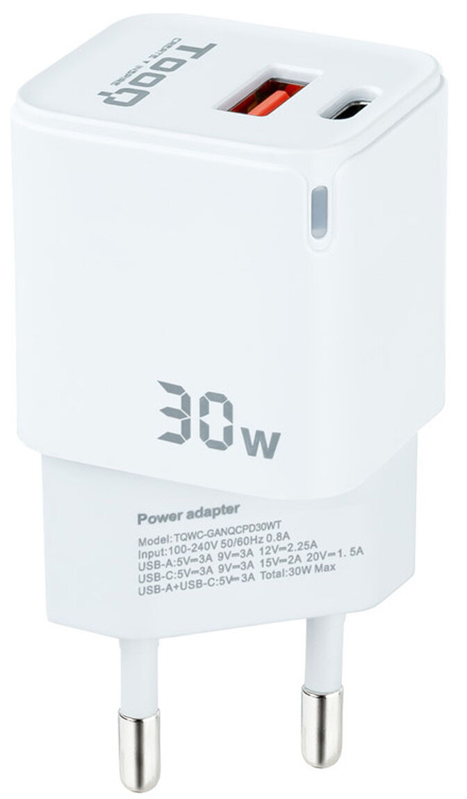 Cargador GaN Tooq USB-C/PD 30W + USB-A/QC 30W image number 0