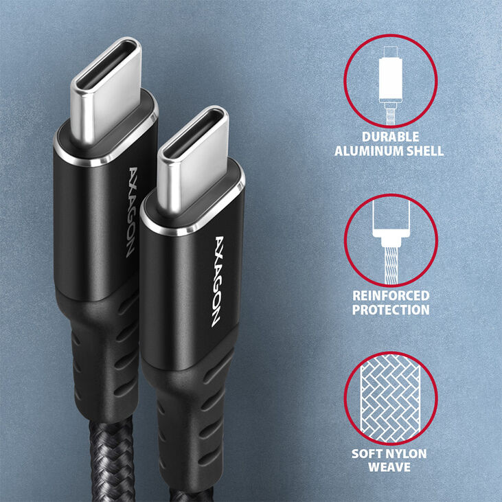 Cable de cargamento AXAGON BUCM-CM30AB USB-C  <-> USB-C 2.0, 3m, PD 60W, 3A, ALU, braid, Negro image number 2