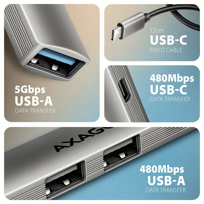 HUB USB AXAGON HUE-STC 1x USB-A 5Gbps + 2x USB-A + 1x USB-C, cable USB-C 12 cm image number 2