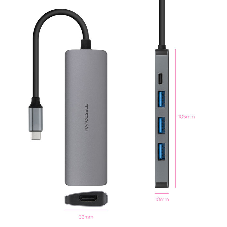 Hub Nanocable USB-C 3xUSB-A+USB-C CARGA+HDMI, Gris 18 CM image number 1