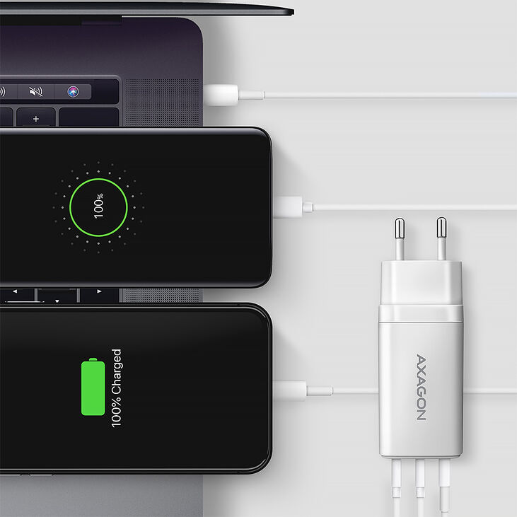Cargador de pared AXAGON ACU-DPQ65, 3 puertas (USB + USB-C duplo), PD3.0/QC4+/PPS/Apple, 65 W, Blanco image number 5