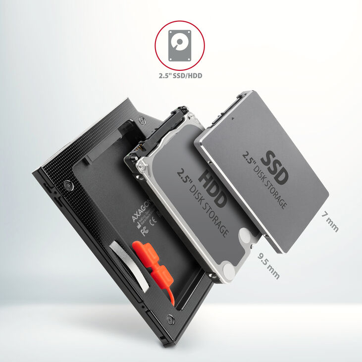 Adaptador Universal AXAGON RSS-CD09 2.5" SSD/HDD Caddy , 9,5 mm, LED, ALU image number 2