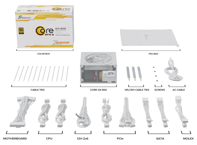 Fuente Modular Seasonic Core GX-850W V2 80+ Gold ATX 3.1 Blanco image number 7